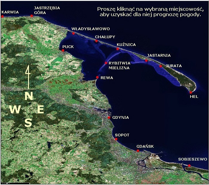 Mapa Zatoki Gdaskiej i Puckiej. Kliknij na tej mapie w wybran miejscowo, a uzyskasz dla niej prognoz pogody