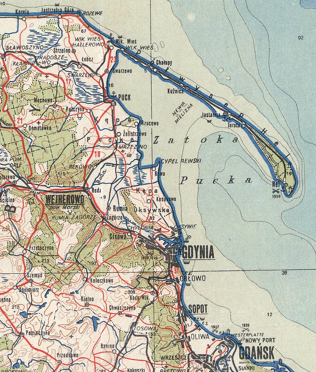 Mapa Jastarni i Pwyspu Helskiego z roku 1947