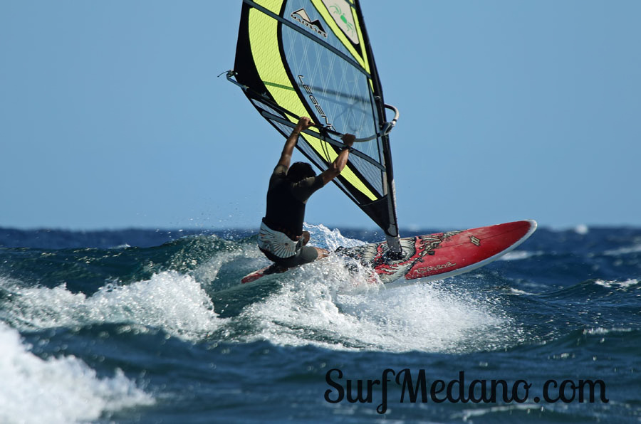 Windsurfing and kitesurfing at Muelle Harbour Wall in El Medano Tenerife