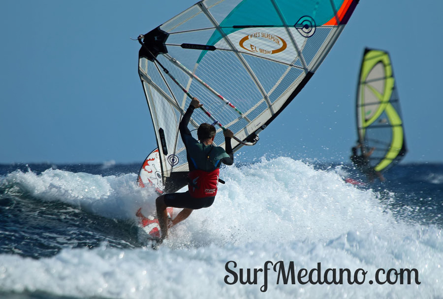 Windsurfing and kitesurfing at Muelle Harbour Wall in El Medano Tenerife