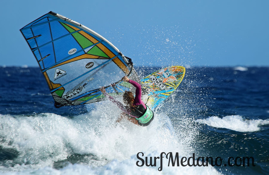 Windsurfing and kitesurfing at Muelle Harbour Wall in El Medano Tenerife