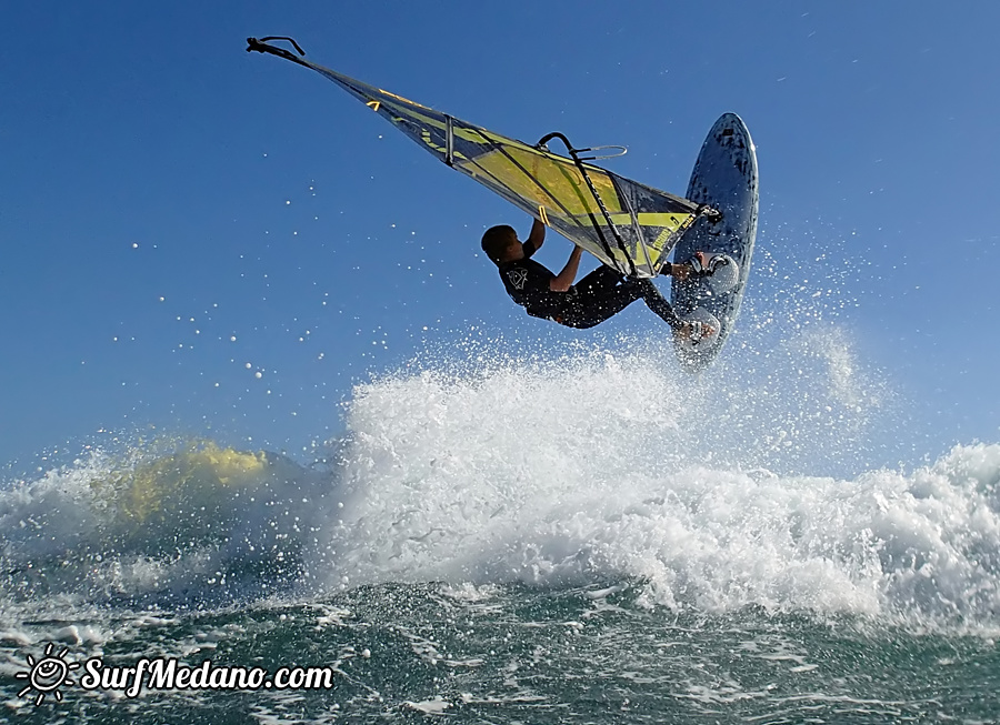 Wave riding and back looping at Playa Sur in El Medano Tenerife