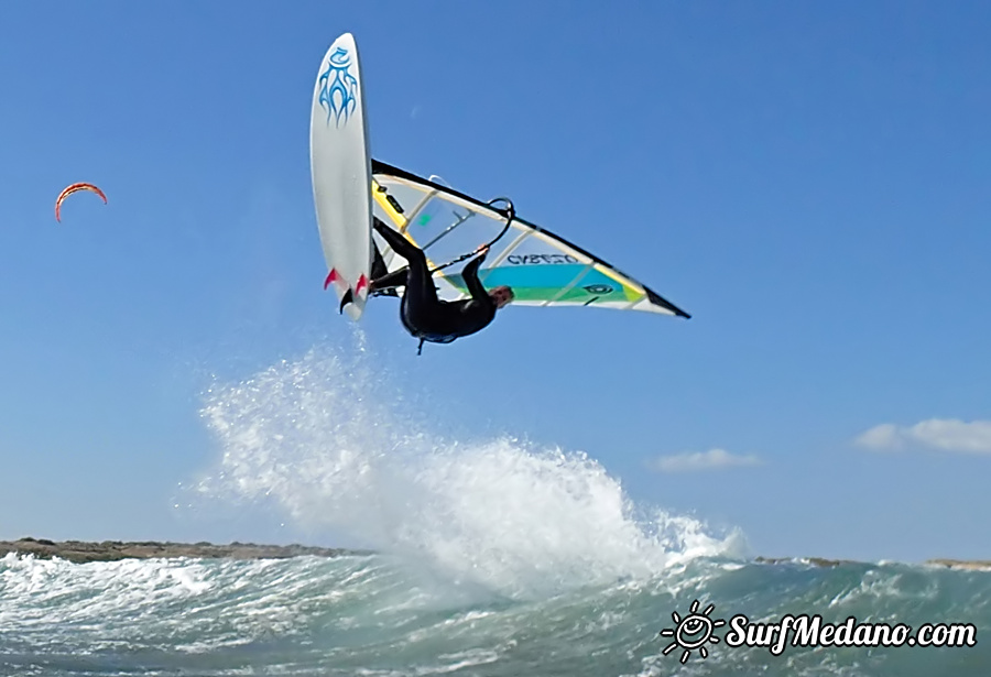 Wave riding and back looping at Playa Sur in El Medano Tenerife