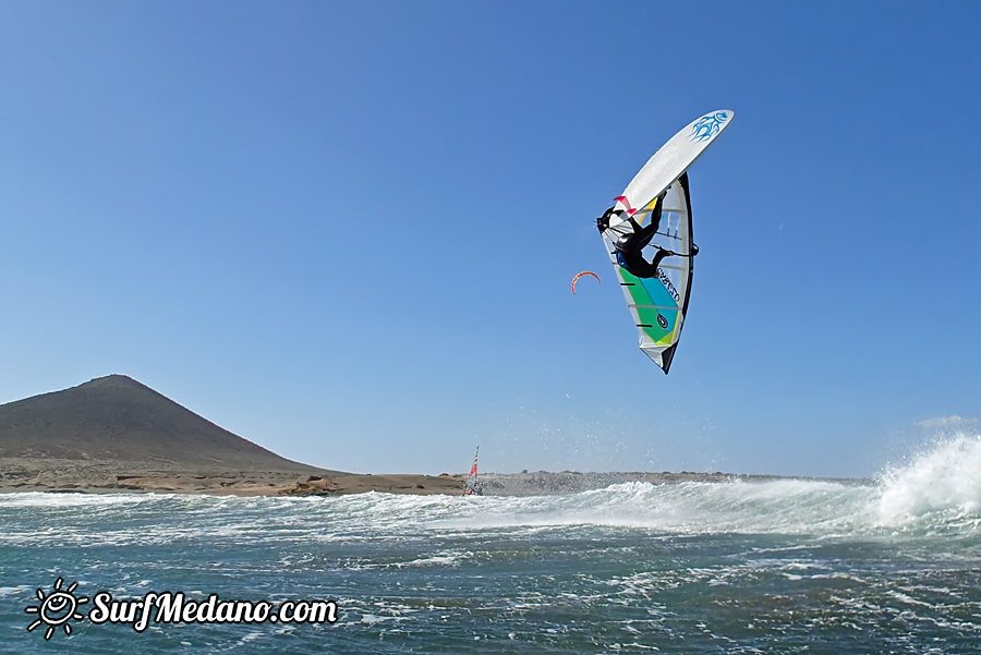 Wave riding and back looping at Playa Sur in El Medano Tenerife