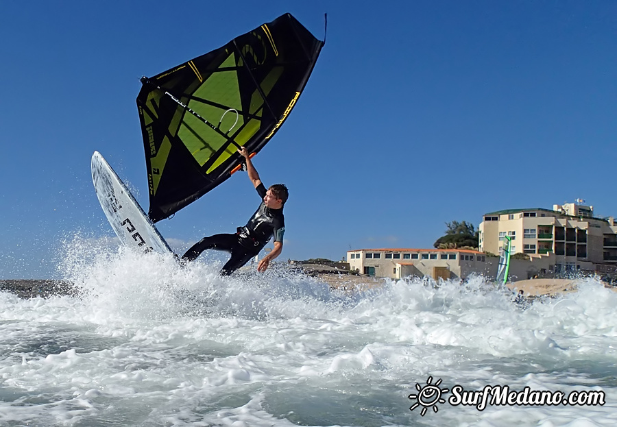 Wave riding and back looping at Playa Sur in El Medano Tenerife