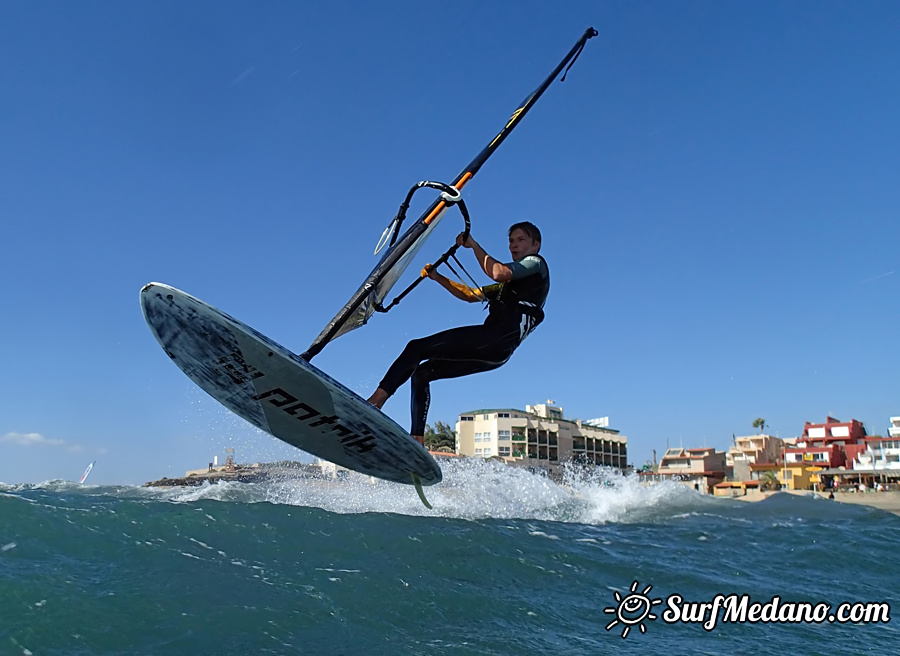 Wave riding and back looping at Playa Sur in El Medano Tenerife