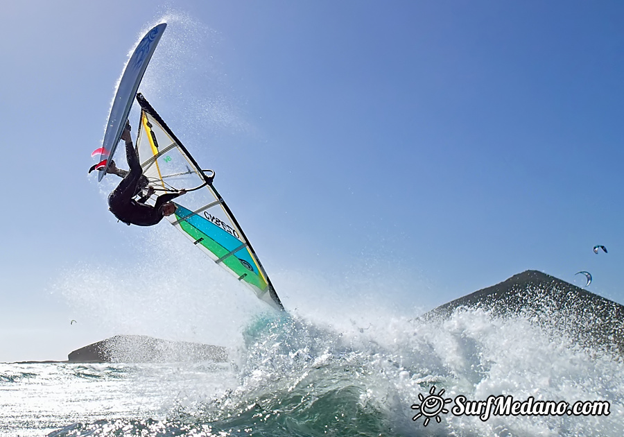 Wave riding and back looping at Playa Sur in El Medano Tenerife