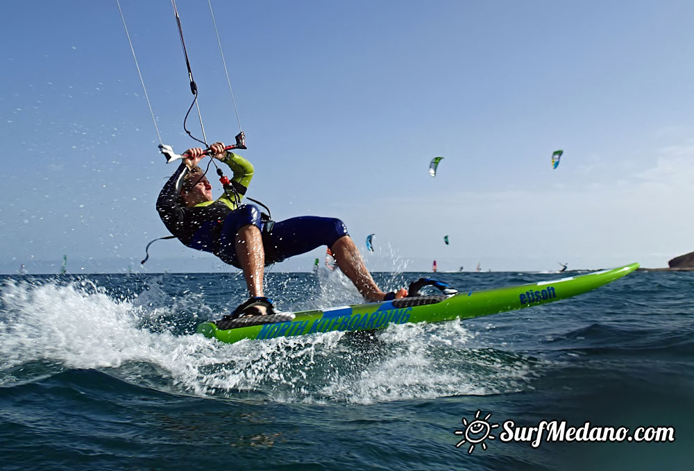 Slalom and kiterace jibe gybe with POINT-7 Andrea Cucchi, Jordy Vonk, Vincent Langer, Pascal Toselli, Christian Justesen, Kasper Juul Larsen, Blazej Blasco and Andrzej Japa Ozog in El Medano 14-02-2014  Tenerife