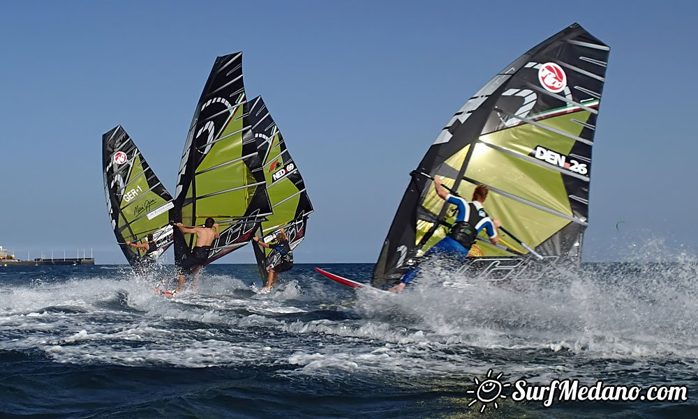 Slalom and kiterace jibe gybe with POINT-7 Andrea Cucchi, Jordy Vonk, Vincent Langer, Pascal Toselli, Christian Justesen, Kasper Juul Larsen, Blazej Blasco and Andrzej Japa Ozog in El Medano 14-02-2014  Tenerife