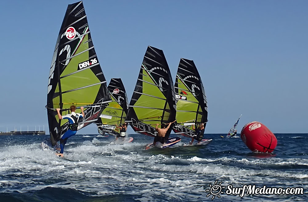 Slalom and kiterace jibe gybe with POINT-7 Andrea Cucchi, Jordy Vonk, Vincent Langer, Pascal Toselli, Christian Justesen, Kasper Juul Larsen, Blazej Blasco and Andrzej Japa Ozog in El Medano 14-02-2014  Tenerife