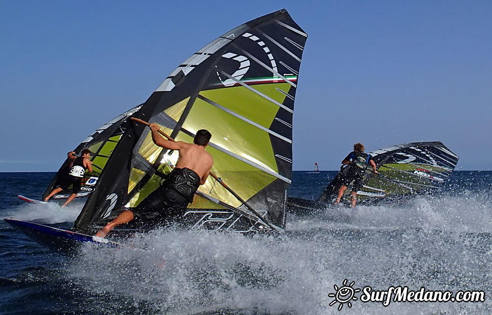 Slalom and kiterace jibe gybe with POINT-7 Andrea Cucchi, Jordy Vonk, Vincent Langer, Pascal Toselli, Christian Justesen, Kasper Juul Larsen, Blazej Blasco and Andrzej Japa Ozog in El Medano 14-02-2014  Tenerife