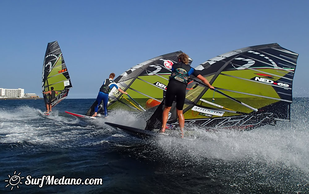 Slalom and kiterace jibe gybe with POINT-7 Andrea Cucchi, Jordy Vonk, Vincent Langer, Pascal Toselli, Christian Justesen, Kasper Juul Larsen, Blazej Blasco and Andrzej Japa Ozog in El Medano 14-02-2014  Tenerife