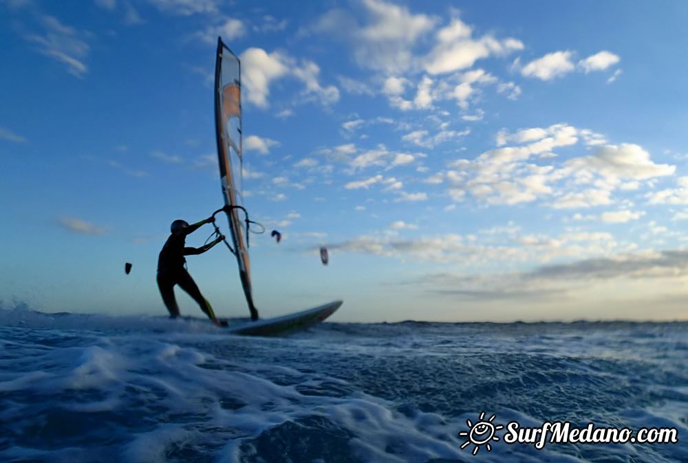 Sunset windsurfing at Harbour Wall in El Medano