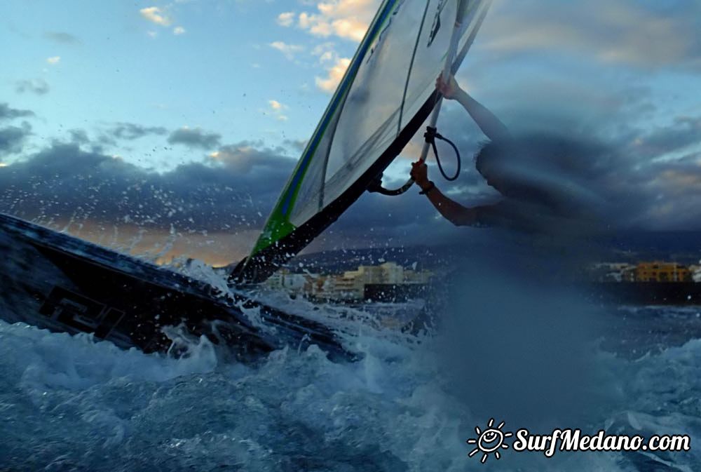 Sunset windsurfing at Harbour Wall in El Medano